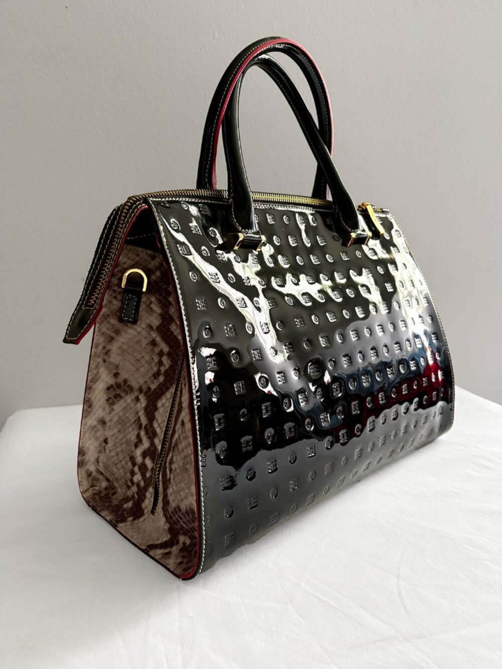 Arcadia Italian Leather Satchel Bag | Black Patent Leather | Snake Embossed Side